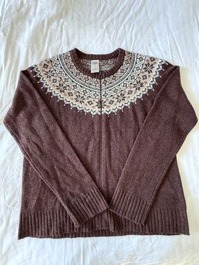 High Sierra Fair Isle Brown and Cream Zip Up Sweater size Medium